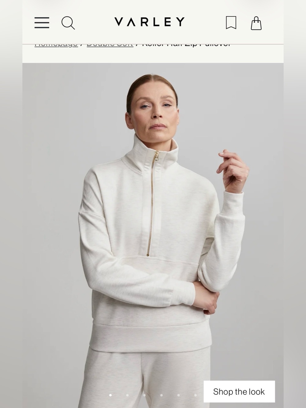 Varley Keller Half Zip Pullover Ivory Marl DoubleSoft Satin Trim | Size L